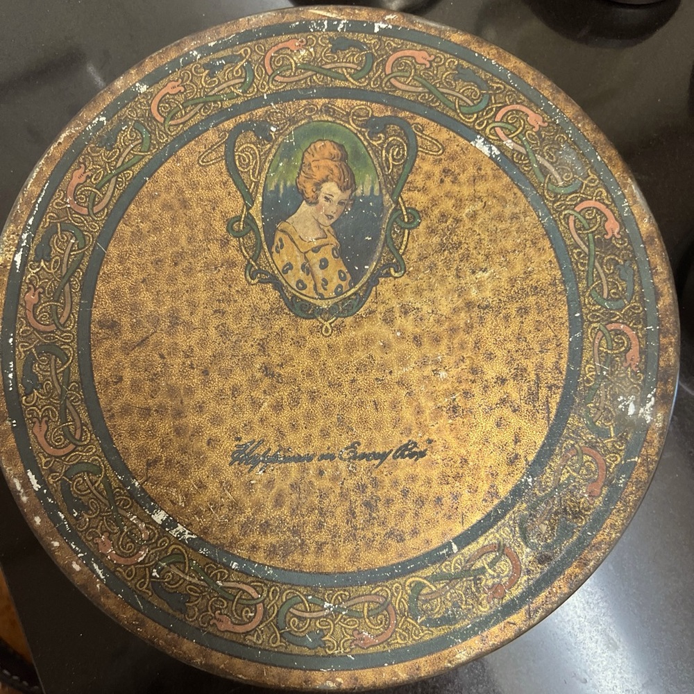Antique “Happiness in Every Box” with 1920’s lady advertising tin by Tindeco.